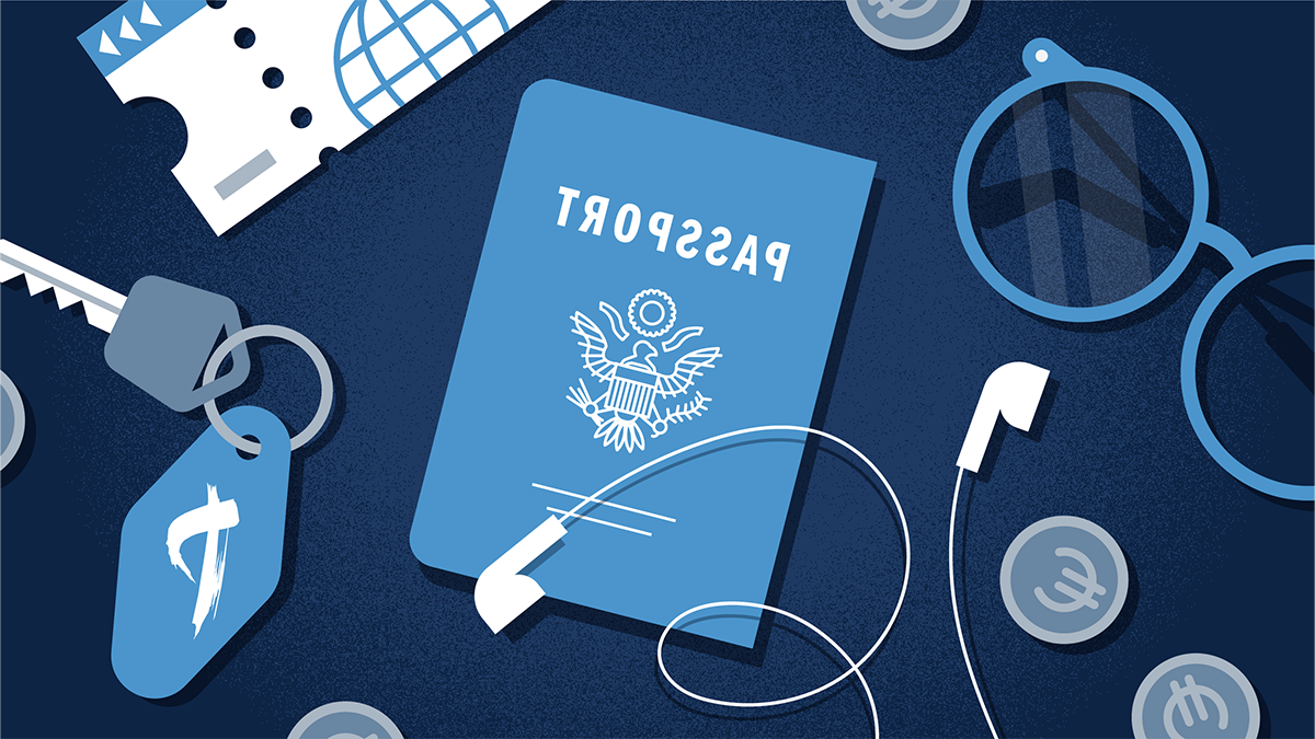 A graphic showing an overhead view of (all animated): a passport, a pair of headphones, sunglasses, a set of keys and, European coinage and a plane ticket.