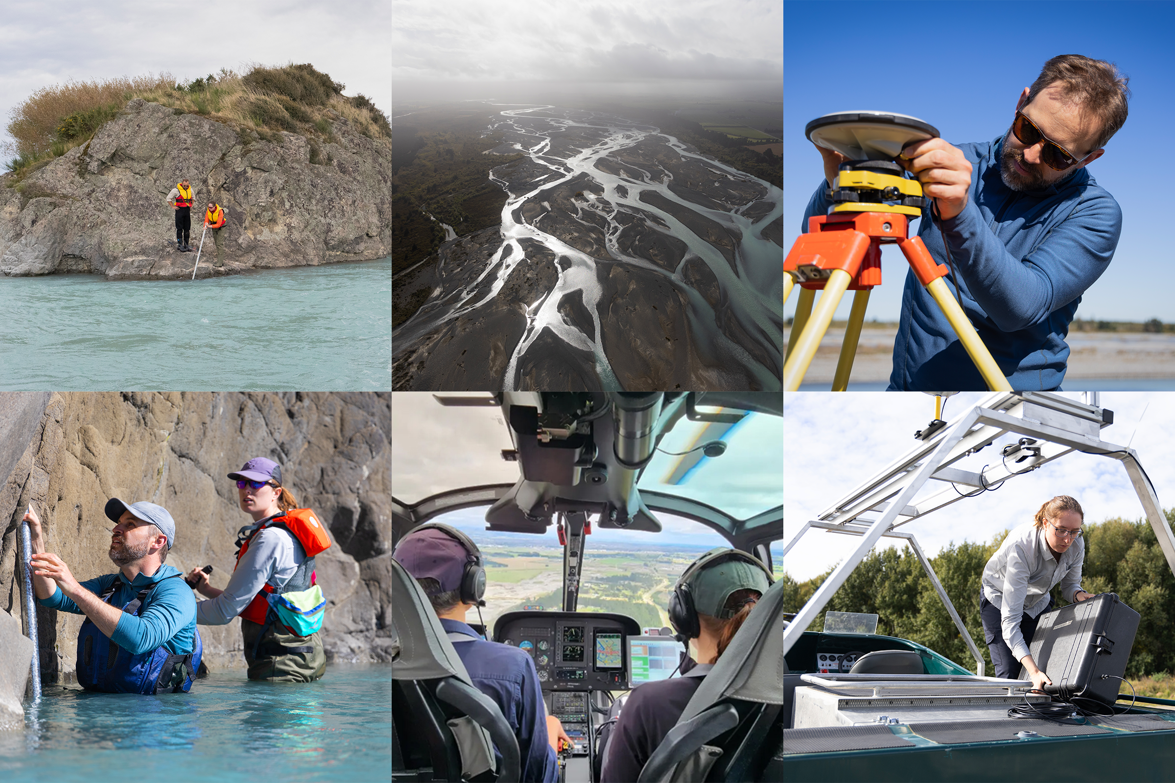 Six-photo collage with pictures of: a man setting up a measurement 太l on land near a river; an aerial view of a winding river in 新西兰; two re太阳城娱乐城ers wearing life vests and standing on the edge of a large rock while placing a measurement 太l in a river; a re太阳城娱乐城er configuring a large GPS system to a boat; a man and a woman riding in a helicopter; two re太阳城娱乐城ers configuring a measurement rod in a river.