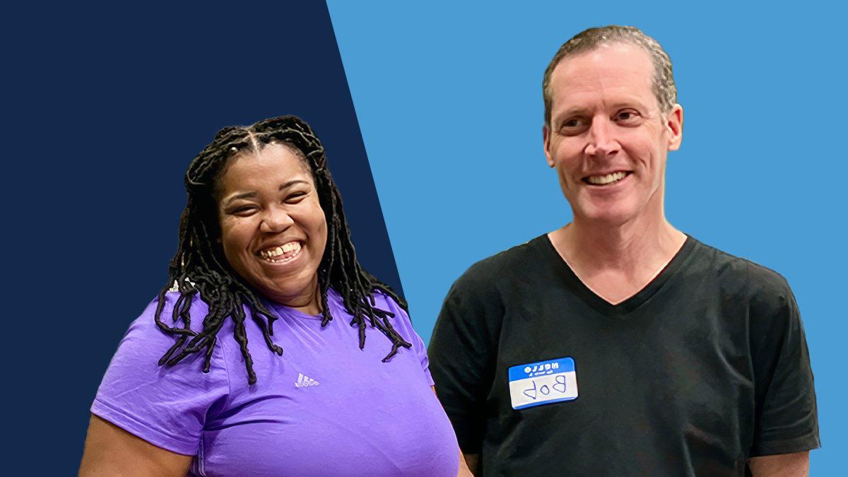 Headshots of Samantha Carter-Palmer 和 Bob Goldstein against a Carolina blue 和 dark blue background.